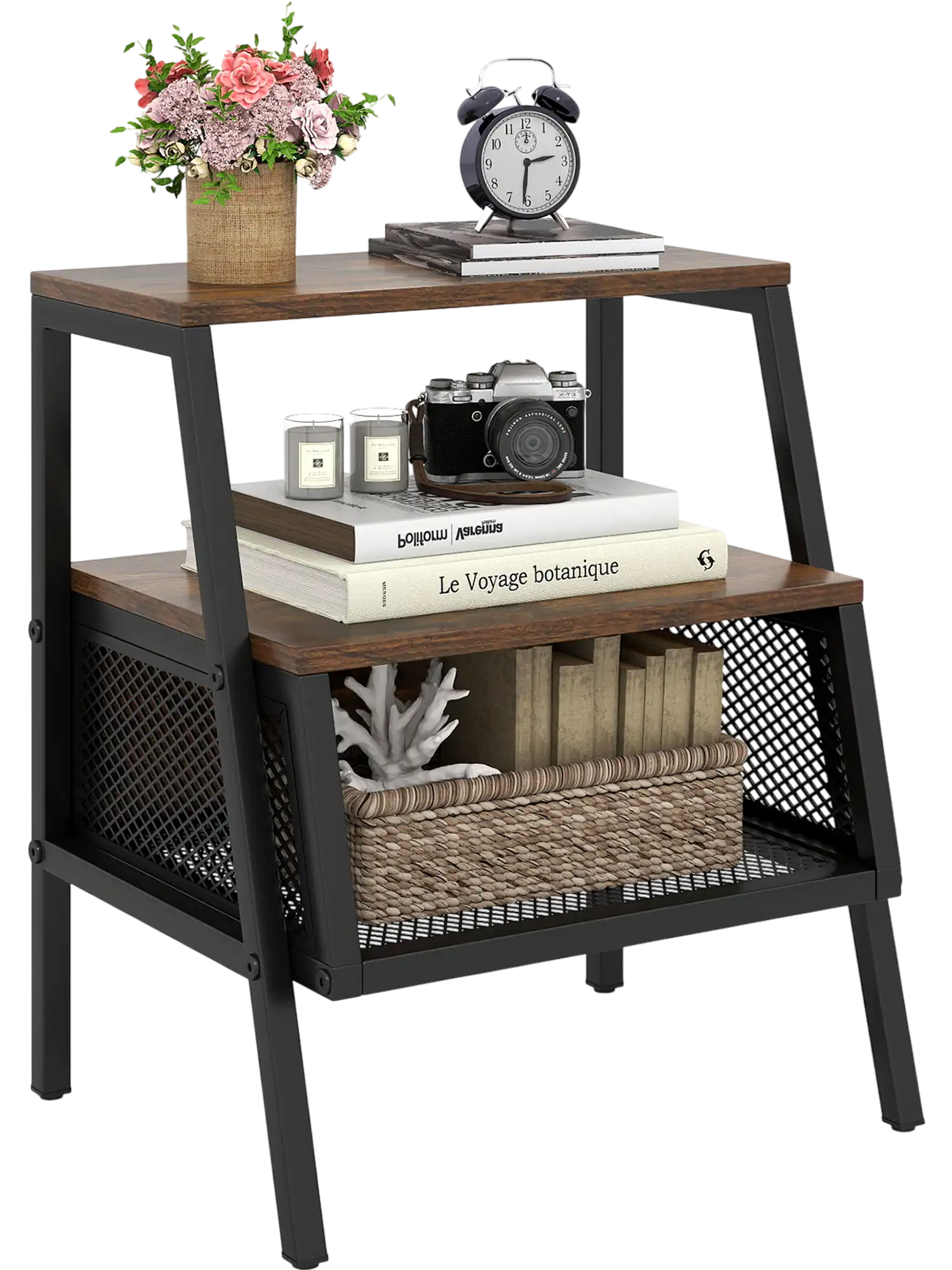 Costway Industrial 3-Tier Nightstand End Table w/ 2 Open Shelves & Metal Mesh Compartment 30078158 New
