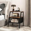Industrial nightstand with rustic brown wood top, metal mesh shelf, and trapezoidal frame for stylish bedroom storage.