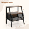 3-tier industrial nightstand in rustic brown with dimensions, featuring open shelves and a metal mesh compartment.