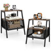 Industrial 3-tier nightstand set of 2 in rustic brown with metal mesh shelves for stylish storage and organization.