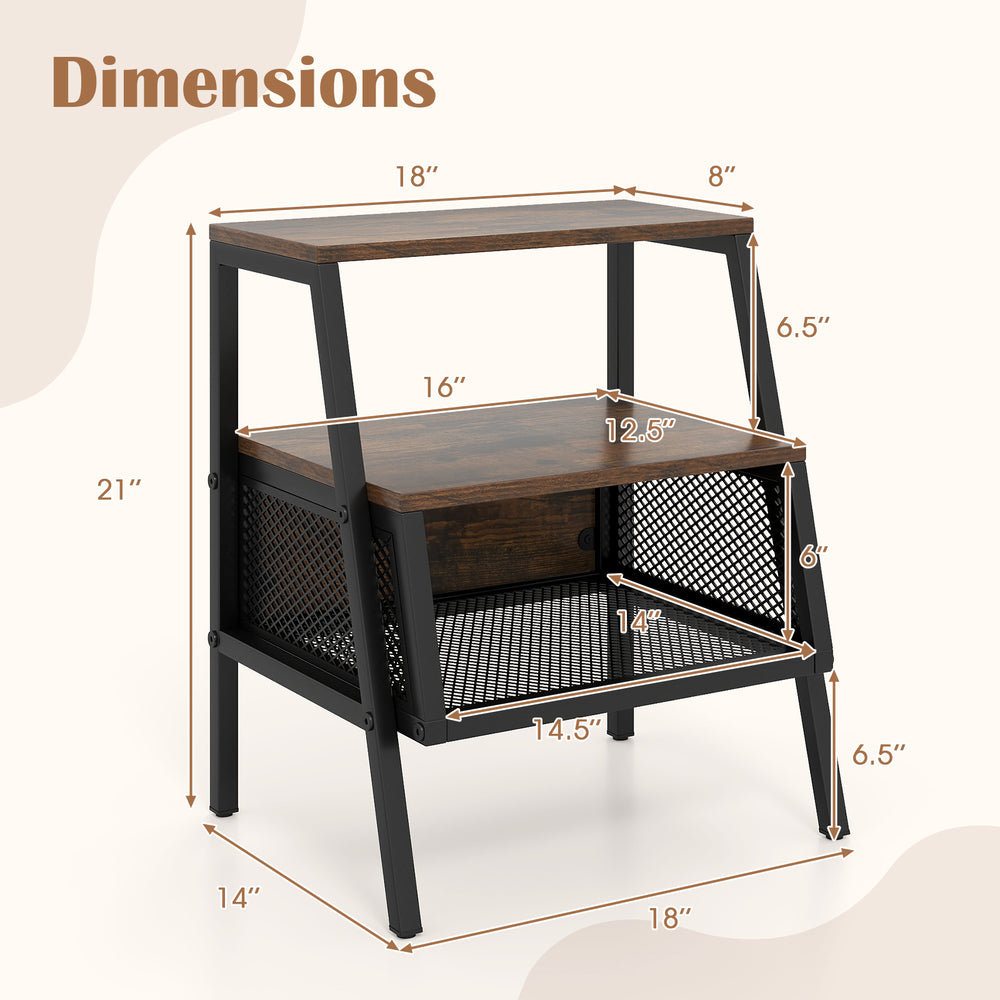 3-tier industrial nightstand with rustic brown finish, metal mesh compartment, and dimensions for versatile storage.