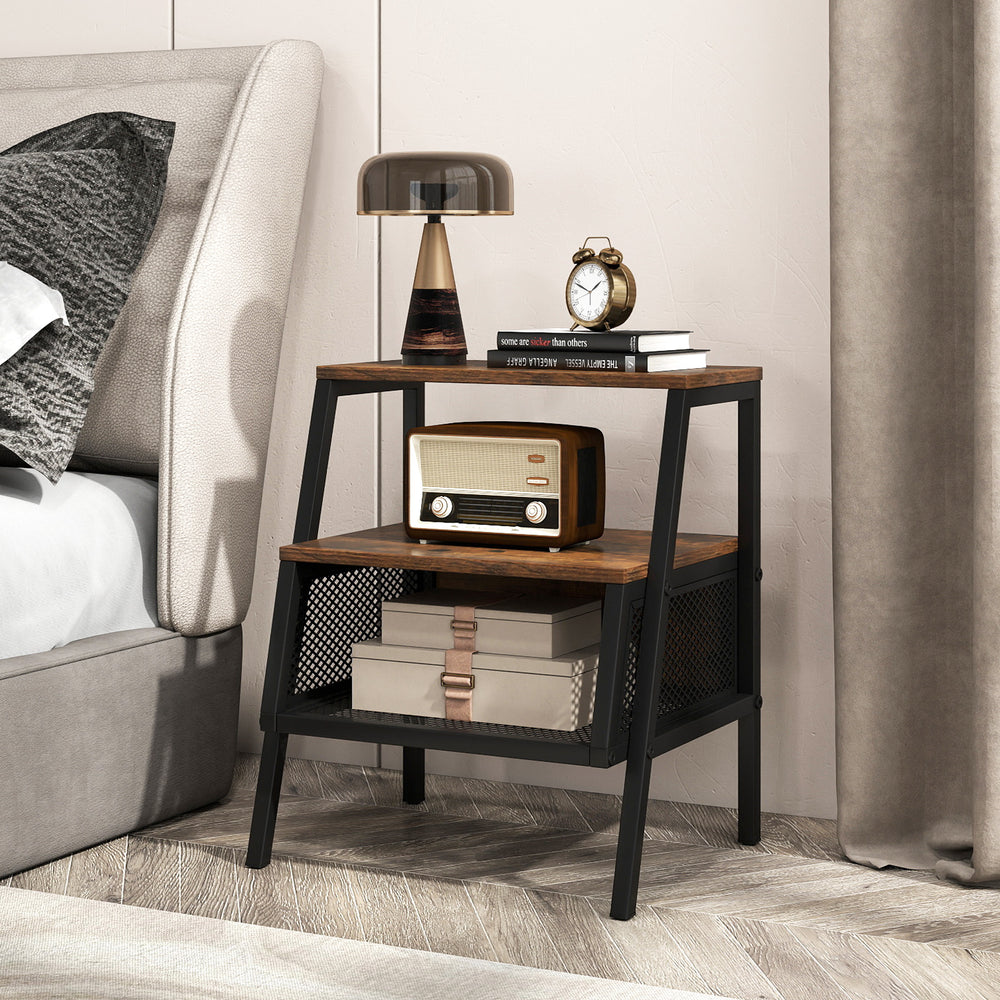 Rustic brown industrial nightstand with 3 tiers, metal mesh shelf, and sturdy frame, perfect for bedroom essentials.