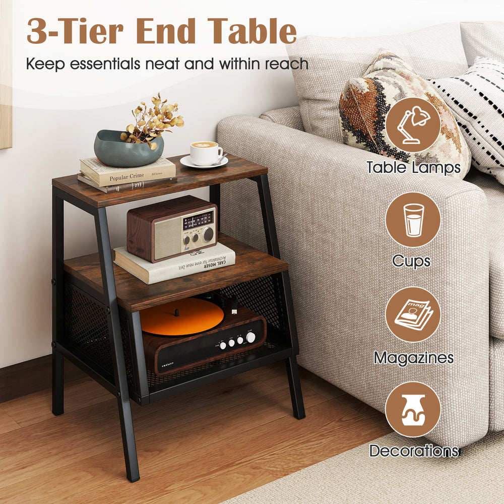 3-tier end table in rustic brown with metal mesh shelf, perfect for lamps, cups, and magazines in any decor style.