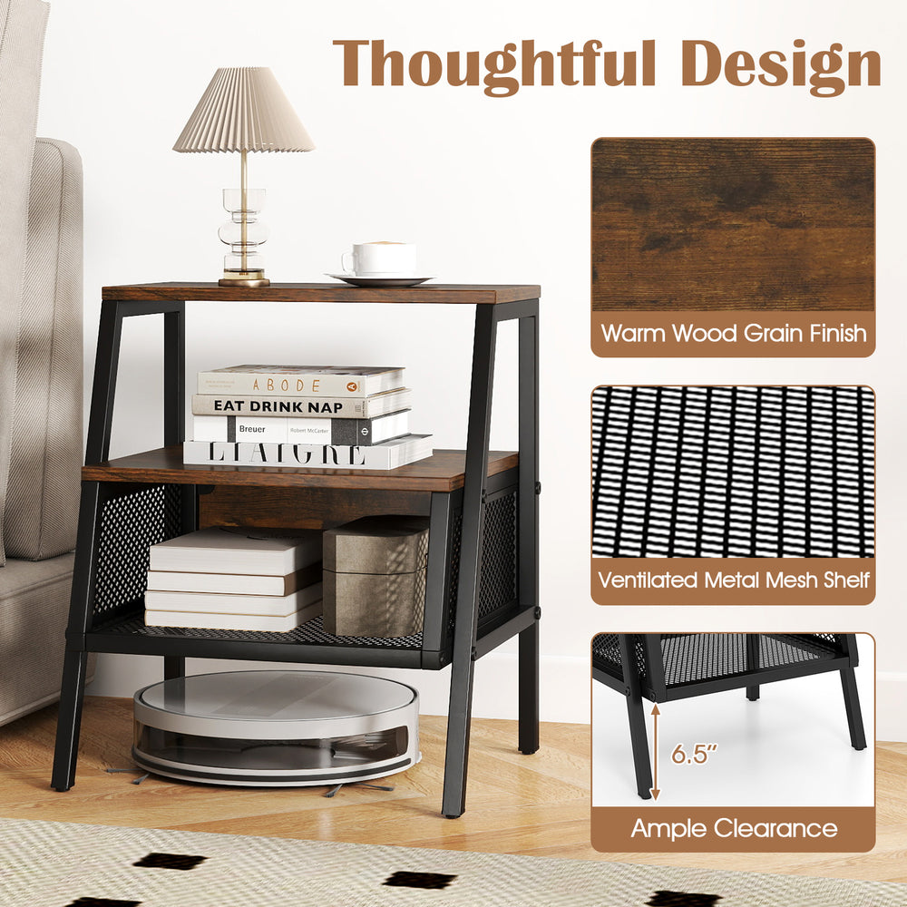 Industrial nightstand with rustic brown wood finish, featuring 3 tiers, metal mesh shelf, and ample clearance for easy.