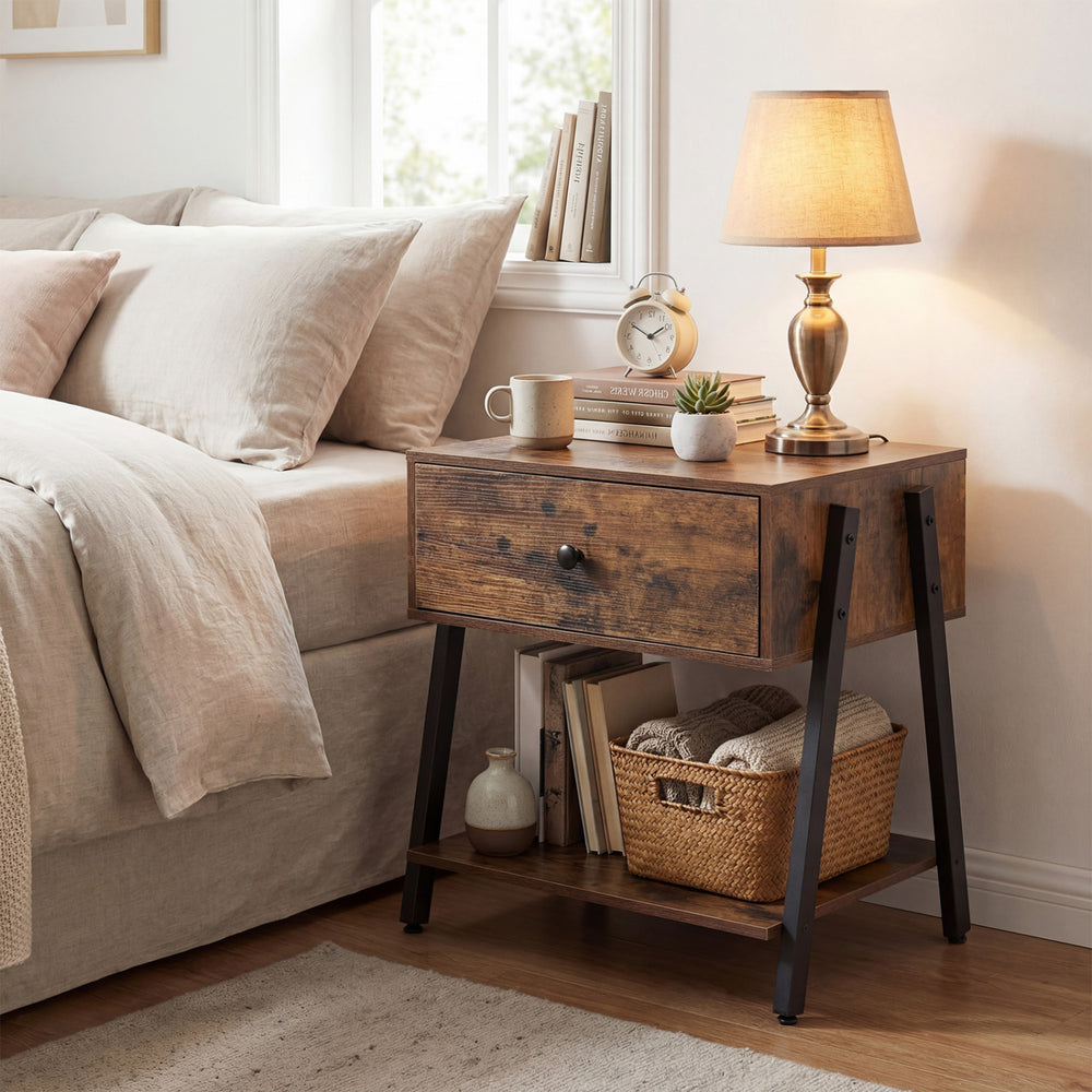 Rustic brown industrial nightstand features a spacious tabletop, practical drawer, and open shelf for stylish bedroom storage.