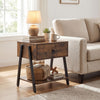 Rustic brown industrial nightstand with a drawer and open shelf, perfect for bedroom or living room storage.