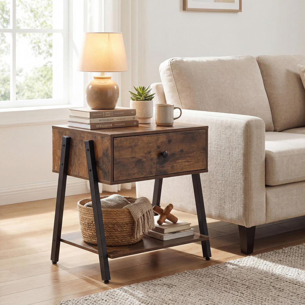 Rustic brown industrial nightstand with a drawer and open shelf, perfect for bedroom or living room storage.