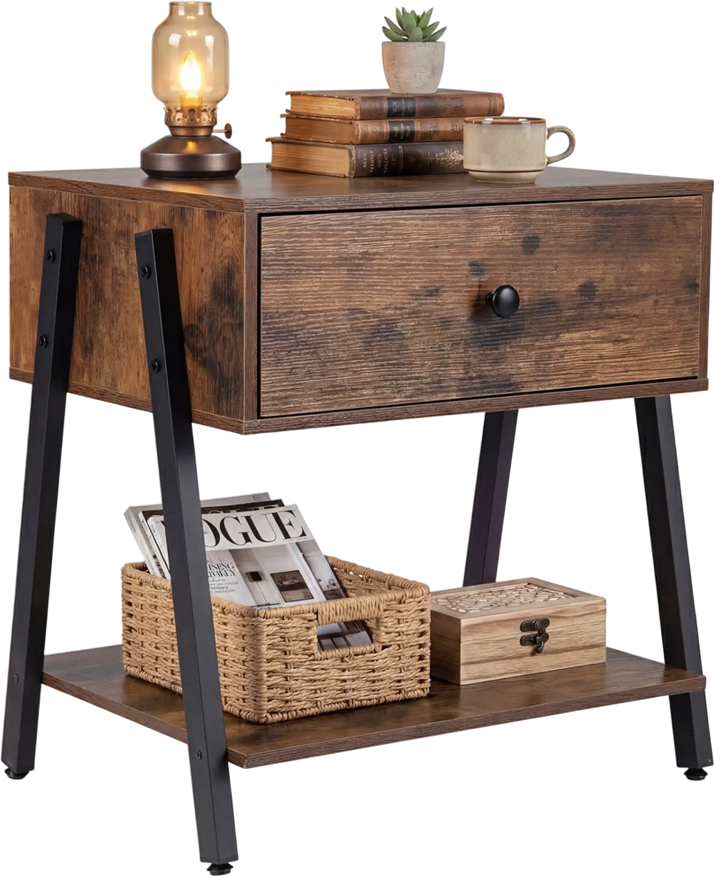 Industrial nightstand in rustic brown with a drawer and open shelf, perfect for bedroom or living room storage.