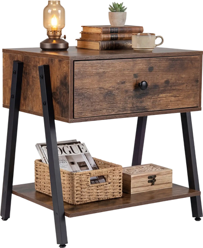 Costway Industrial Nightstand Side Table with Drawer Adjustable Foot Pads 40909134 New