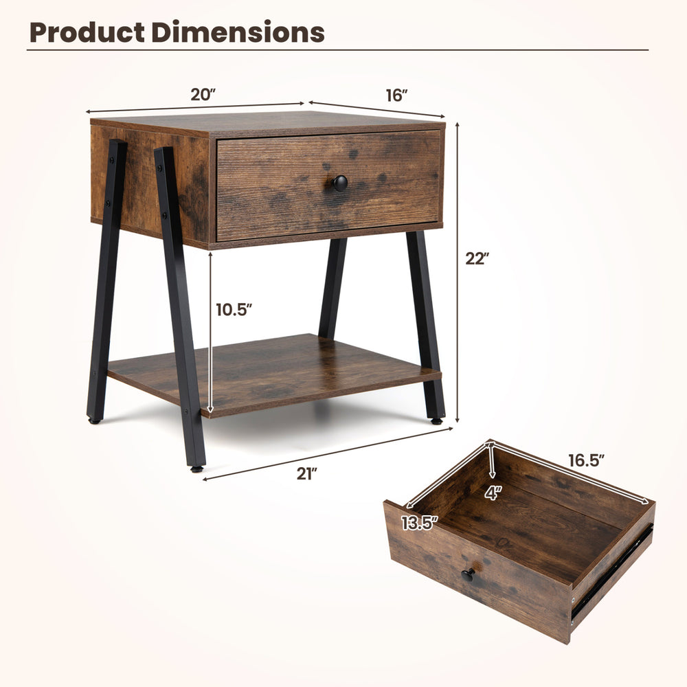 Rustic brown industrial nightstand featuring a spacious tabletop, drawer, and open shelf for versatile bedroom storage.