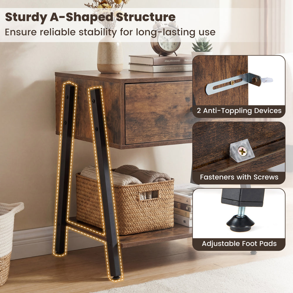 Sturdy A-shaped industrial nightstand in rustic brown features a drawer, adjustable foot pads, and open storage shelf.