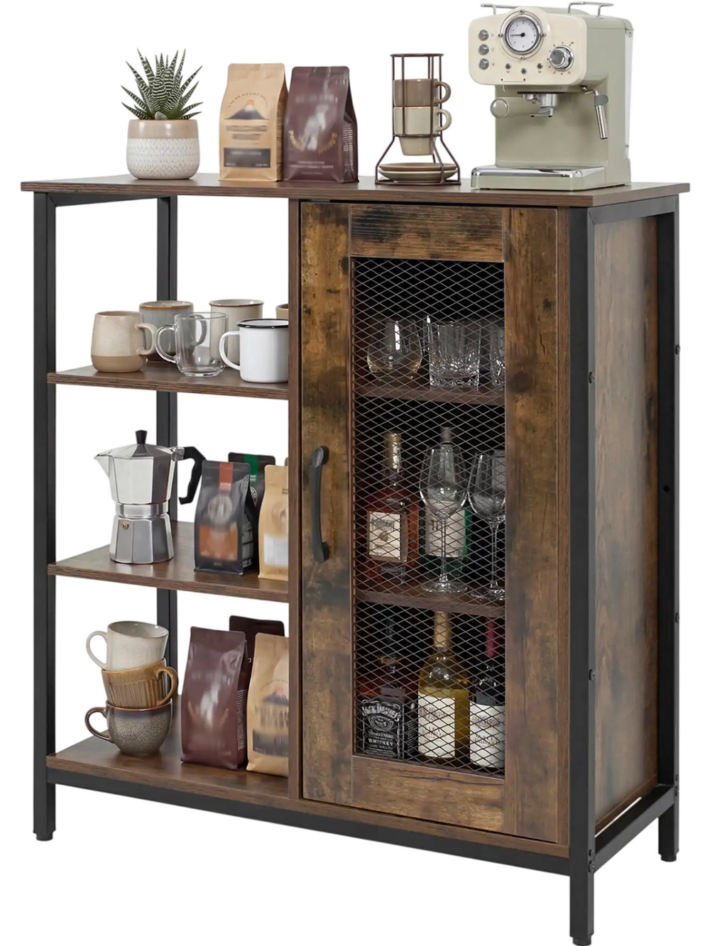 Industrial side cabinet in rustic brown with metal mesh door, offering a spacious top for displaying kitchen appliances.