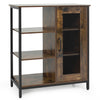 Industrial side cabinet in rustic brown with metal mesh door and three open shelves for versatile storage solutions.