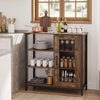 Industrial side cabinet in rustic brown, featuring a sturdy metal frame and a cabinet door for concealed storage of pantry items.