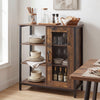 Industrial side cabinet in rustic brown with metal mesh door, featuring three open shelves for versatile storage.