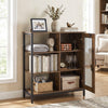 Industrial side cabinet in rustic brown with metal mesh door, featuring 3 open shelves for versatile storage and display.