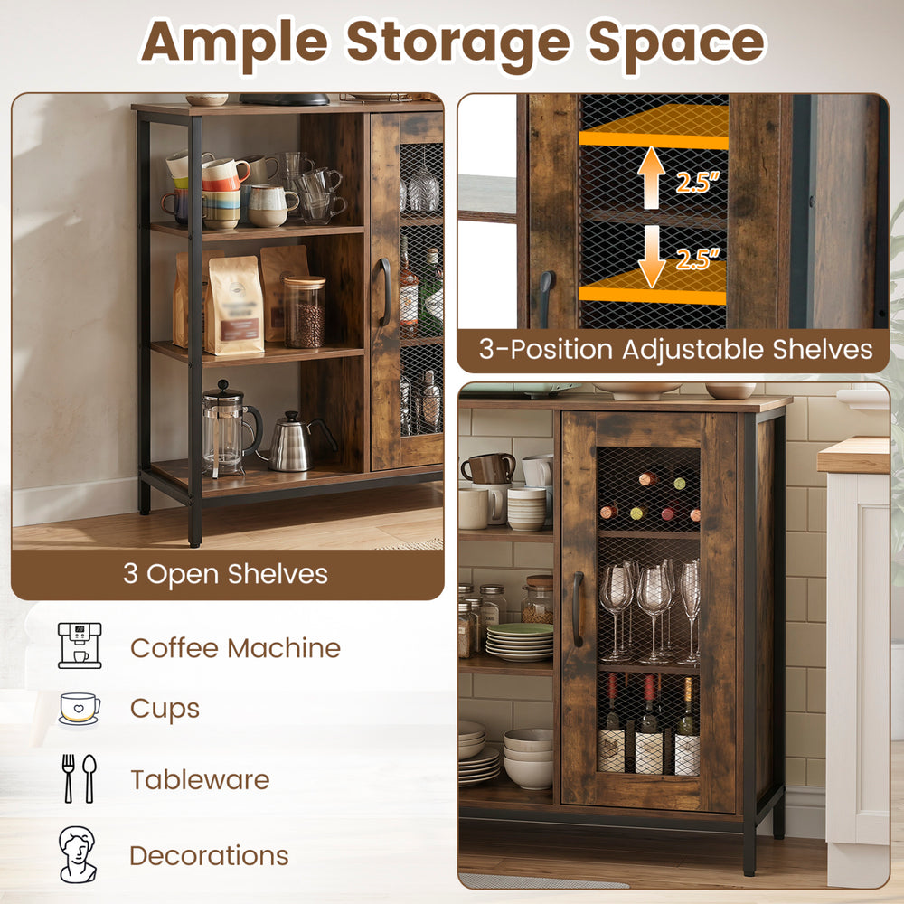Industrial side cabinet in rustic brown with metal mesh door, featuring 3 open shelves and adjustable storage options.