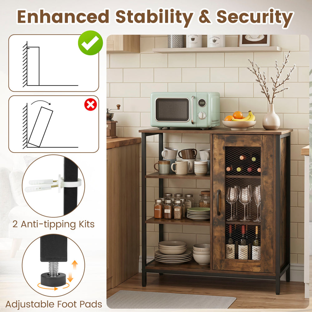 Industrial side cabinet in rustic brown with metal mesh door, featuring 3 open shelves and anti-tipping kits for safety.