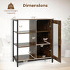 Industrial side cabinet in rustic brown with metal mesh door, featuring three open shelves and adjustable storage options.