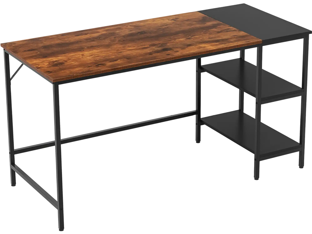 Modern industrial style study desk with brown wood top, black metal frame, and two storage shelves for ample.