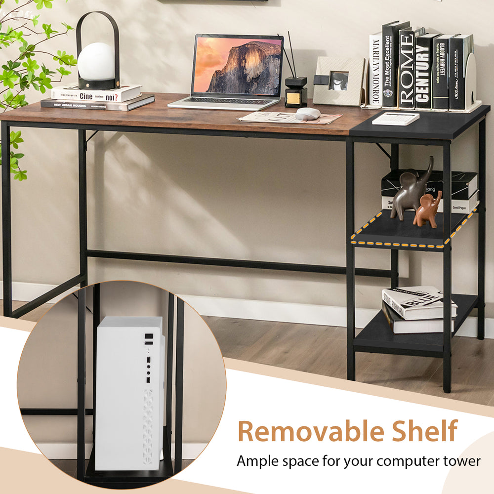 55-inch modern industrial style writing desk with removable shelf, brown finish, ideal for computer tower storage.