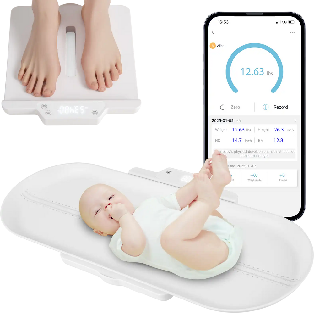 Infant scale with detachable tray showing a baby, measures weight and height, supports up to 330 lbs, easy to clean.