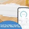 Infant scale with detachable tray in white, measuring weight and height, compatible with "Baby Fit" app for growth.