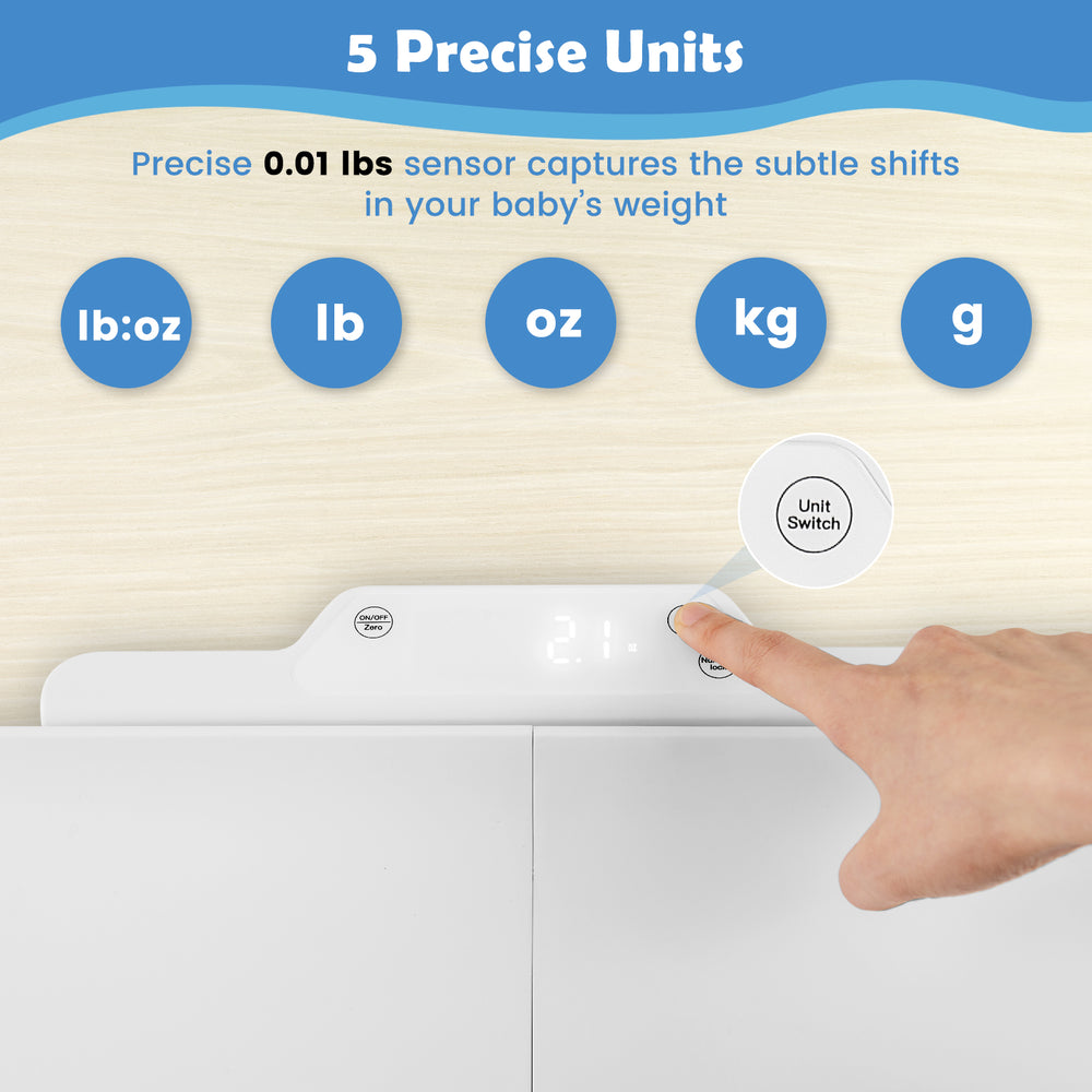 Infant scale with detachable tray showing unit switch feature, measuring weight in 5 precise units for easy tracking.