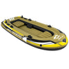 Heavy-duty inflatable boat for 4-person fishing, featuring a green design, I-beam support, and convenient storage pouch.