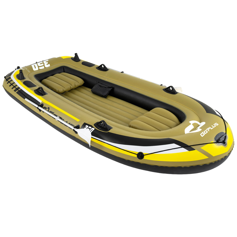 Heavy-duty inflatable boat for 4-person fishing, featuring a green design, I-beam support, and convenient storage pouch.