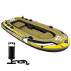 Heavy-duty inflatable boat for 4-person fishing, featuring green PVC material, I-beam support, and included hand pump.