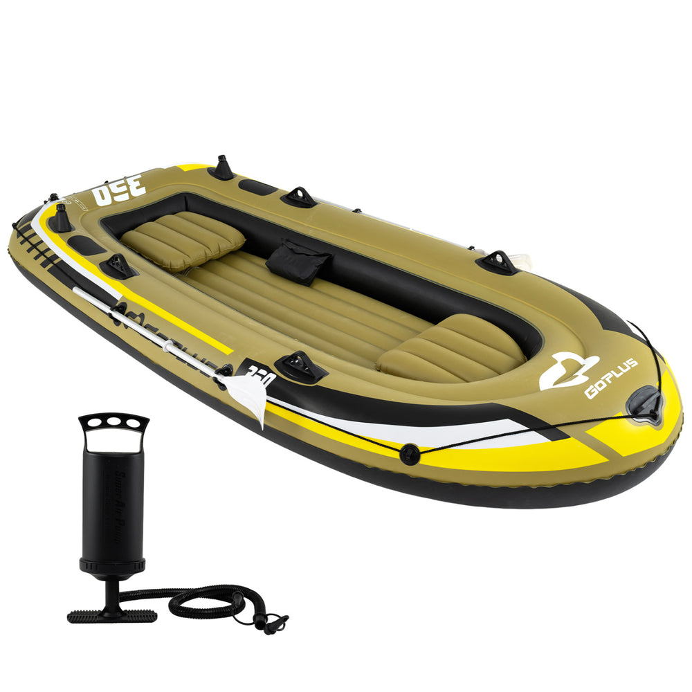 Heavy-duty inflatable boat for 4-person fishing, featuring green PVC material, I-beam support, and included hand pump.