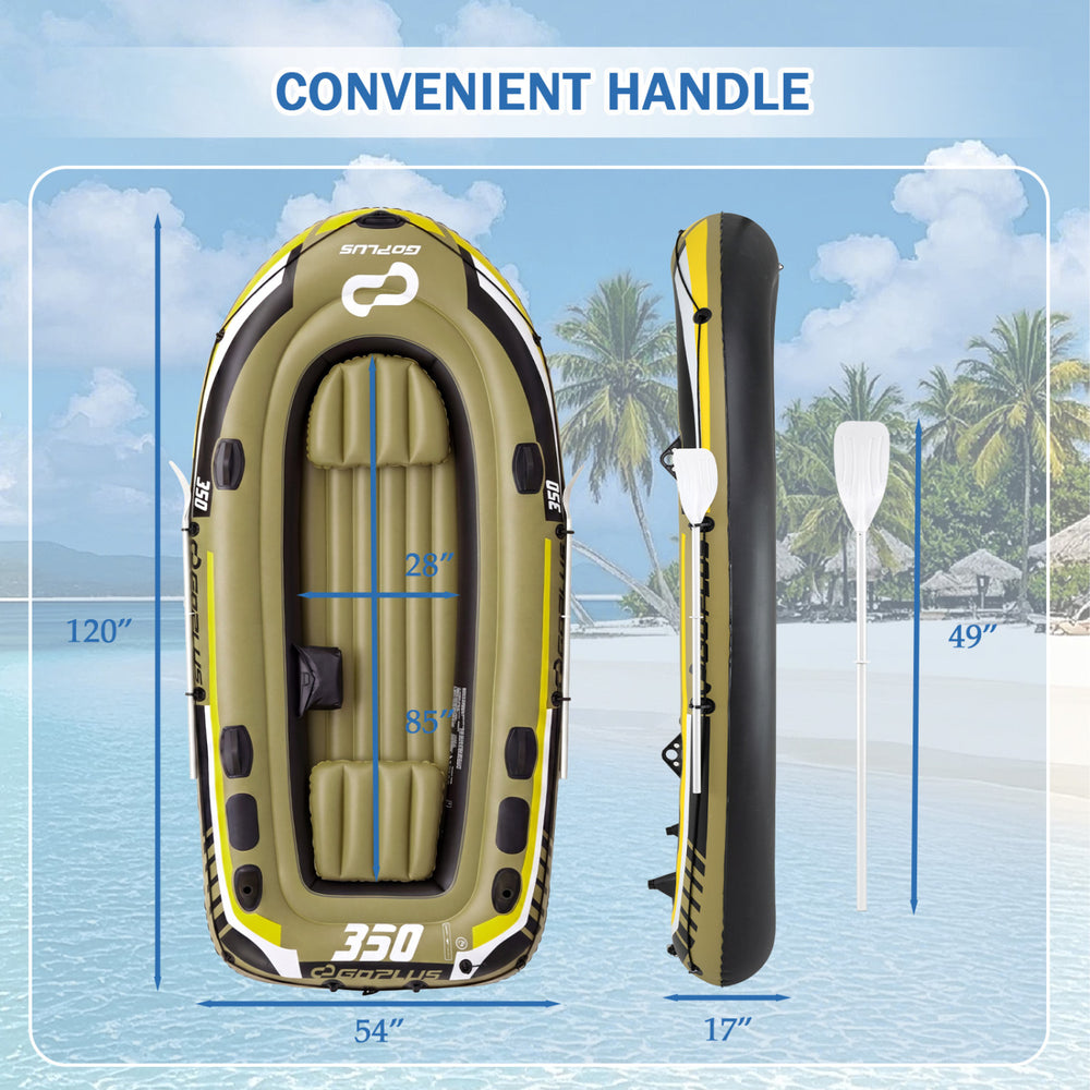 Heavy-duty inflatable boat for 4 persons in green, featuring 3 air chambers and convenient handle for easy transport.