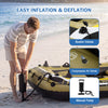 Heavy-duty inflatable boat with Boston valves for easy inflation, ideal for 4-person fishing trips and family outings.