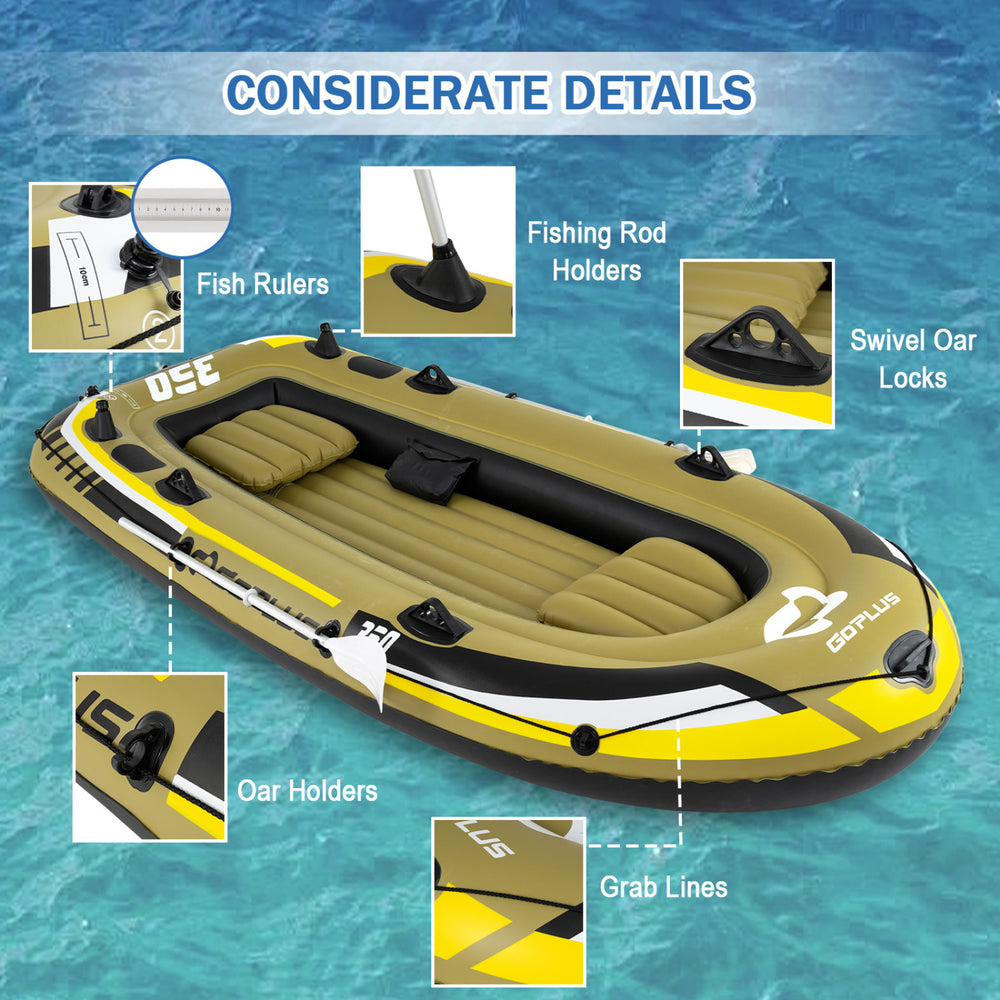 Heavy-duty inflatable boat with fishing rod holders, oar locks, and grab lines for easy boarding and transport.