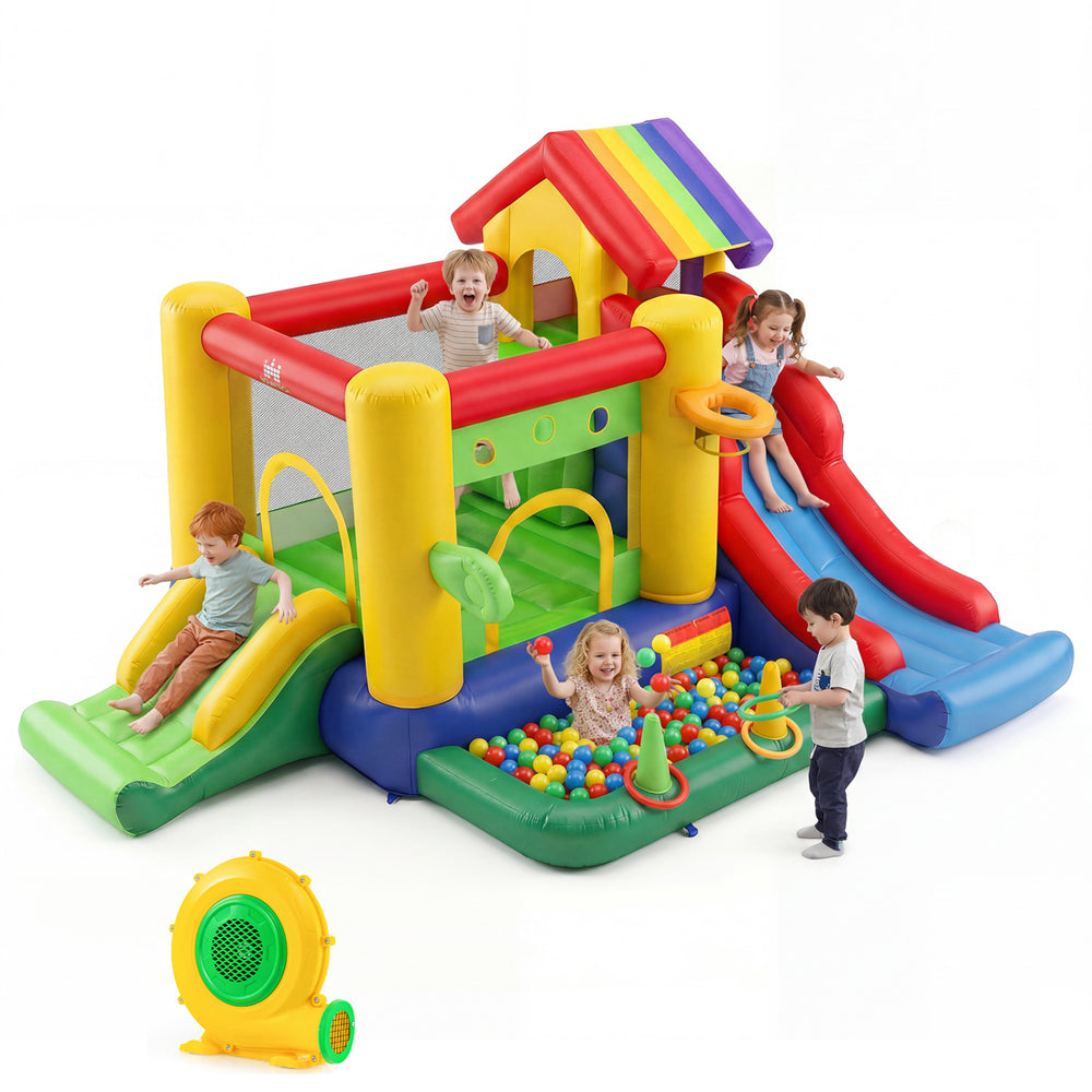 Colorful inflatable bounce castle with double slides, climbing wall, and ocean ball pool for kids' outdoor fun.