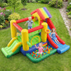Colorful inflatable bounce castle with double slides, climbing wall, and ball pool for outdoor fun and playtime.