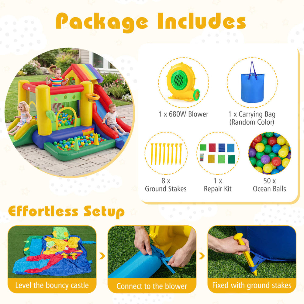 Colorful inflatable bounce castle with double slides, 735W blower, and 50 ocean balls for outdoor fun and play.