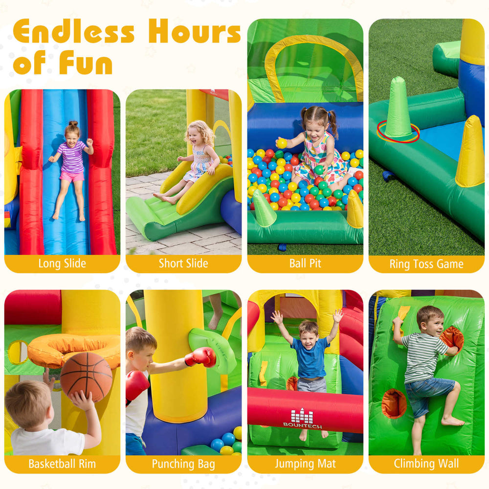 Brightly colored inflatable bounce castle with double slides, ball pit, and climbing wall for endless outdoor fun.