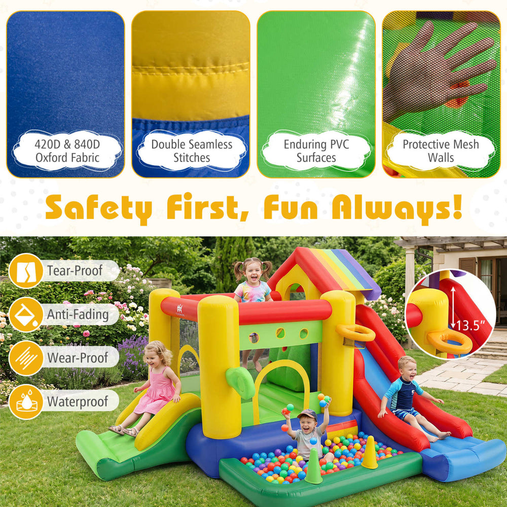 Rainbow inflatable bounce castle featuring double slides, climbing wall, and ocean ball pool for endless outdoor fun.