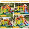 Rainbow inflatable bounce castle with double slides, climbing wall, and ocean ball pool for outdoor fun at parties.