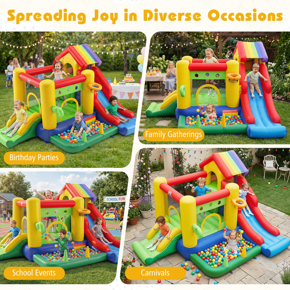 Rainbow inflatable bounce castle with double slides, climbing wall, and ocean ball pool for outdoor fun at parties.