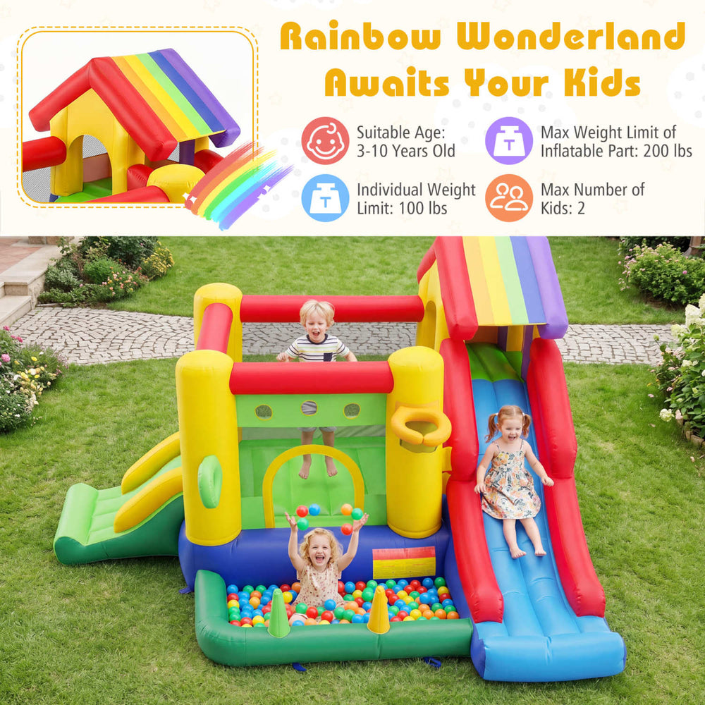 Colorful inflatable bounce castle with double slides, climbing wall, and ocean ball pool for kids aged 3-10 years.