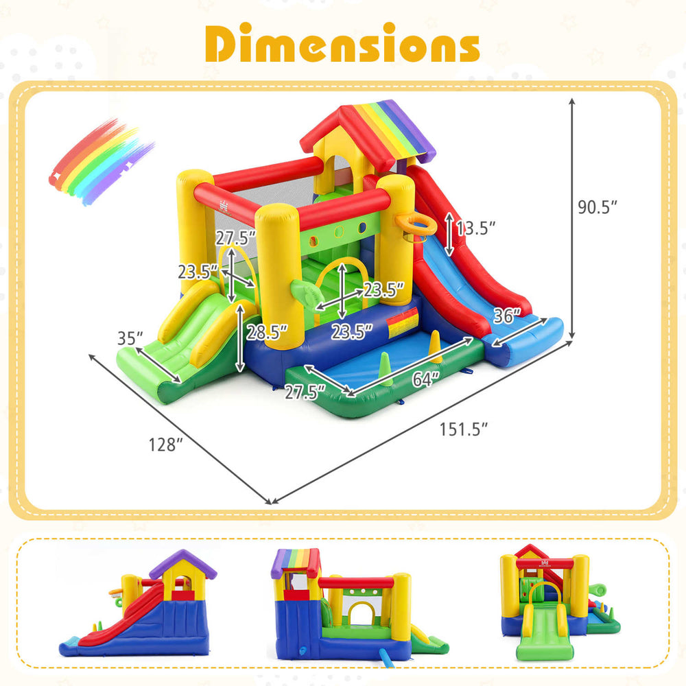 Colorful inflatable bounce castle with double slides, climbing wall, and ocean ball pool for indoor or outdoor fun.