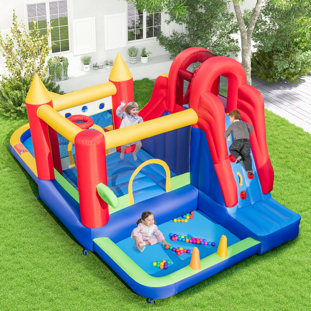 Inflatable bounce castle with water slide and splash pool, featuring a ball pit and safety handrails for kids' fun.