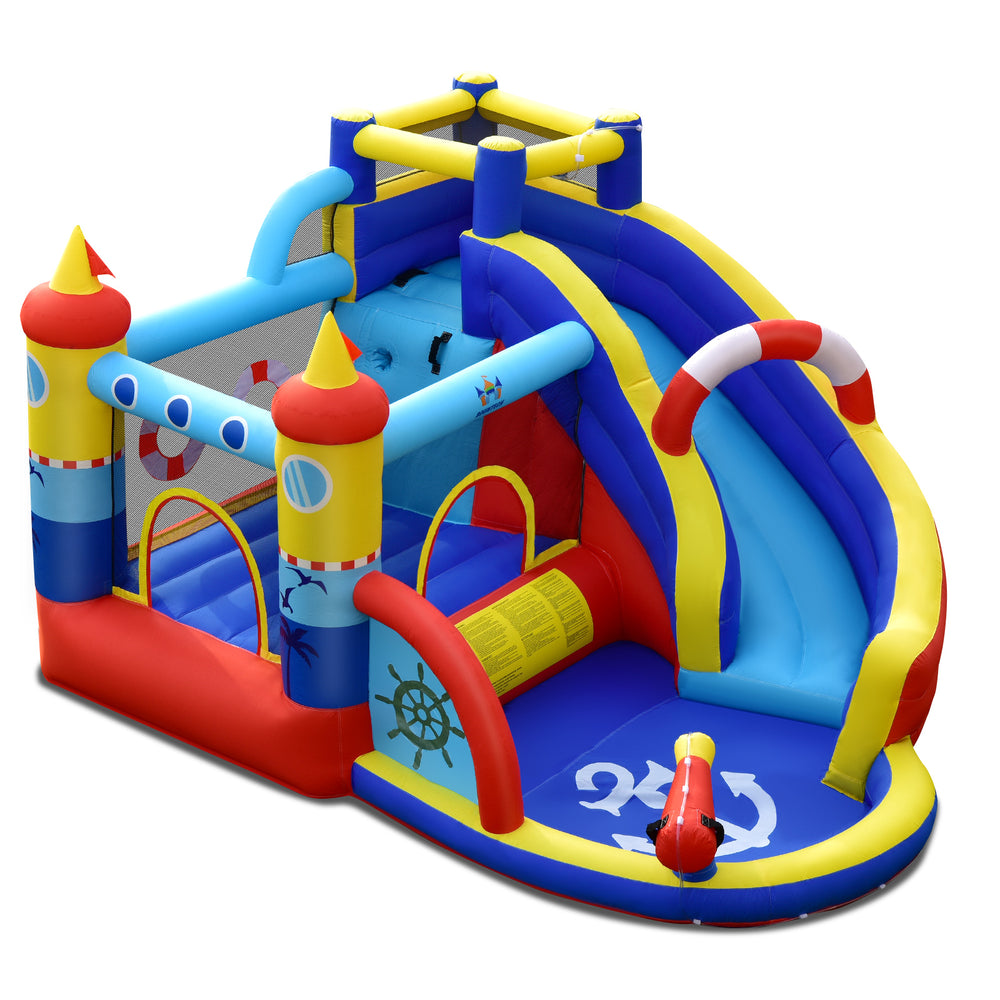 Colorful inflatable bounce castle with slide and climbing wall, made of premium Oxford cloth for kids' outdoor fun.