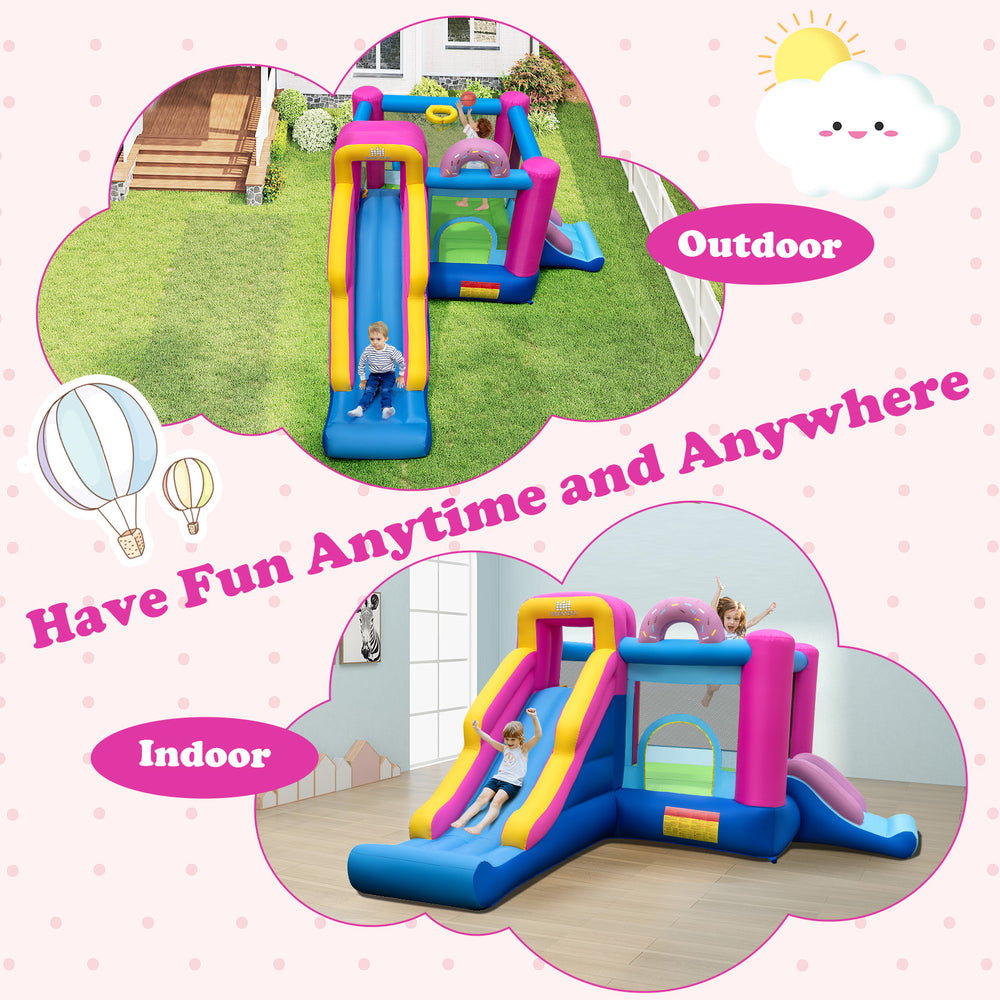 Inflatable bounce house with slides and basketball hoop, featuring vibrant colors for indoor and outdoor fun.