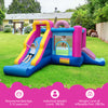 Inflatable bounce house with slides and basketball hoop, featuring a colorful doughnut theme for outdoor fun.