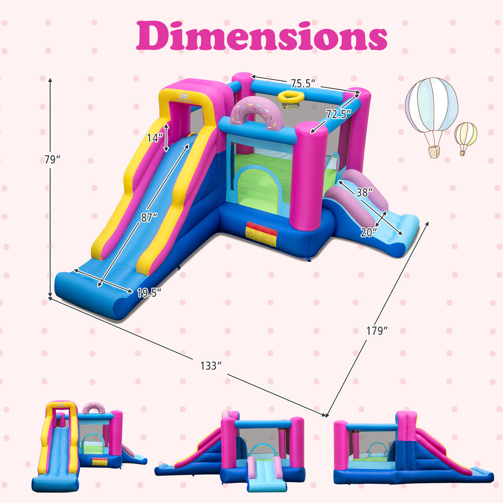 Inflatable bounce house with slides and basketball hoop, featuring a colorful design and dimensions for backyard fun.