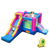 Doughnut-themed inflatable bounce house showcasing dual slides and a basketball hoop for interactive backyard play.
